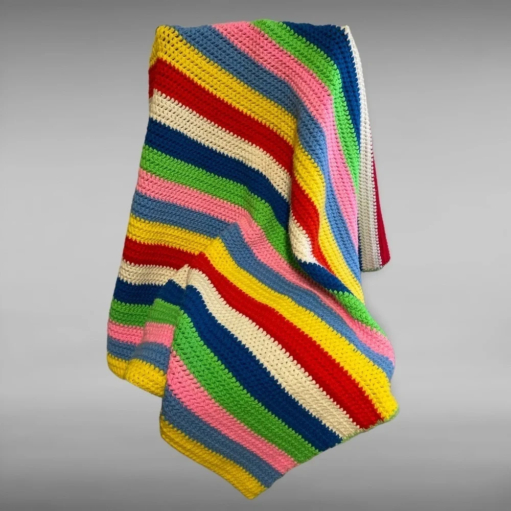 Handmade Crocheted Colorful Rainbow Afghan Blanket Throw 64 x 116 Pride